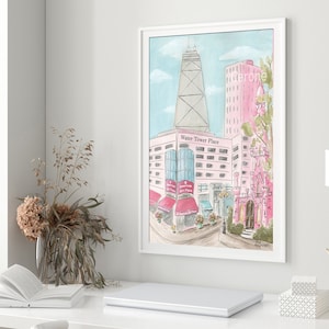 Stampa personalizzata Chicago Water Tower Place, arte ad acquerello per la cameretta delle bambine, regalo per bambini piccoli, arte murale di viaggio, skyline di Chicago, regalo per neonati