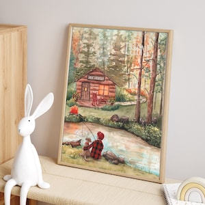 Boy With Dog Fishing Print, Personalised Kids Room Wall Art, Adventure Woodland Forest Nature Nursery Decor, Fishing Gift, Camping Artwork,