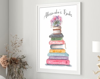 Personalized Book Wall Decor, Book Stack, Reading Corner Wall Art, Custom Bookshelf Print, Book Spine Painting, Little Girl Book Tower Print