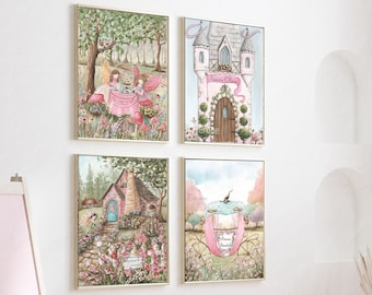 Fairy Princess Wall Art, Personalized Pastel Girl Nursery Decor, Tea Party Enchanted Forest Prints, Castle Artwork, Vintage Fairytale Decor