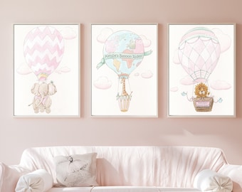 Safari Animals In Hot Air Balloons, Prints Personalized With Girls Name Or Adventure Quotes, Set Of 3, Pink Travel Themed Baby Nursery Decor