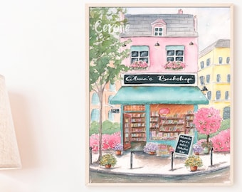 Personalized Book Lover Gift Idea, Birthday Gift For Girl, Paris BookShop Watercolor, Book Quote Print, Book Store Art, Reading Nook Sign