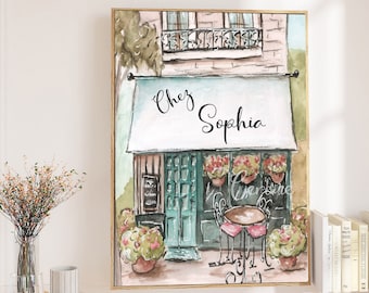 French Cafe Print, Paris Room Decor, Cute Watercolor Print For Nursery, Personalized Baby Girls Room Wall Art, Playroom Wall Decor, Parisian