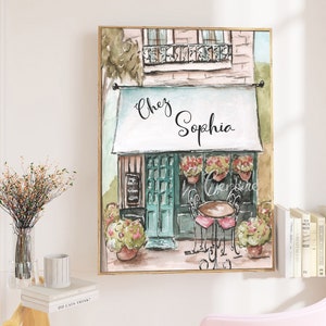 French Cafe Print, Paris Room Decor, Cute Watercolor Print For Nursery, Personalized Baby Girls Room Wall Art, Playroom Wall Decor, Parisian