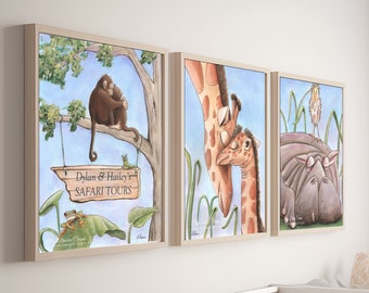 Safari Nursery Name Sign, Set Of 3 Prints, Jungle Nursery Decor, Whimsical Safari Art, Cute Monkey, Giraffe, Hippo, Brother And Sister Room