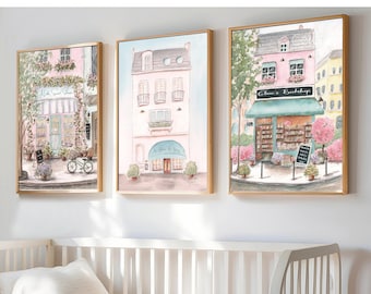 Vintage Girl Nursery Prints, Personalized Paris Watercolors, Toddler Girls Room Decor, French Baby Nursery Parisian Wall Art, Blue And Pink
