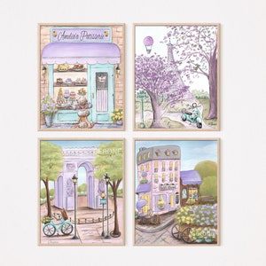 Personalized French Nursery Decor, Nursery Wall Art, Lavender Paris Travel Prints, Eiffel Tower, Laduree Patisserie, Arc de Triomphe, Cafe