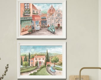 Kids Travel Art, Italy Travel Posters, Set Of 2, Italian Nursery Art, Brother And Sister Gift Idea, Florence Print, Travel Theme Baby Shower