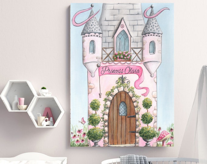 Personalisierte Burg Fee Prinzessin Wandkunst, Fine Art Print, 5 Größen, rosa Prinzessin Schlafzimmer, Babypartygeschenk