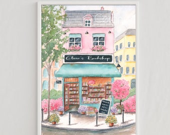 Kunstdruck aus einer Buchhandlung, personalisierte Kinderkunst aus einer Pariser Buchhandlung, Buchkunst für Mädchen, Geschenkidee mit Buchmotiven, Druck aus einem Buchladen, Geschenk für Bücherfreunde, Aquarellmalerei