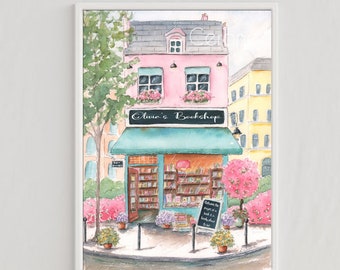 Bookstore Art Print, Paris Bookstore PERSONALIZED KIDS ART, Girl Book Art, Book Art Gift, Bookshop Print, Bookish Gift, Watercolor Painting