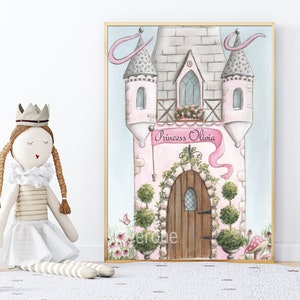 May include: A watercolor painting of a pink castle with a banner that reads "Princess Olivia". The castle has a brown door, green bushes, and a pink roof. There is a butterfly flying in front of the castle.