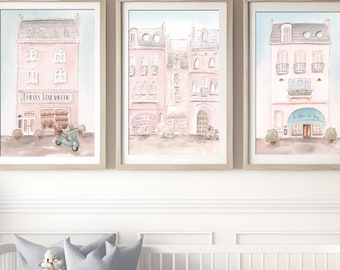 Personalized Paris Nursery Wall Art, Blush Pink French Nursery Art, Set Of 3 Pastel Parisian Prints, Cute Watercolors, Baby Girls Room Decor