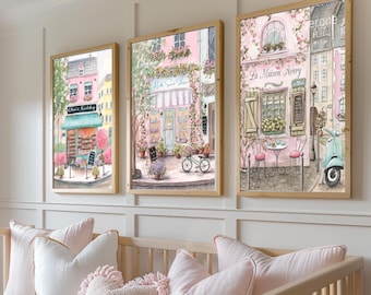 Parisian Nursery Prints, Personalized Girls Names, Laduree Patisserie, Paris Bookshop, French Cafe, Pastel Girls Room, Travel Theme Decor