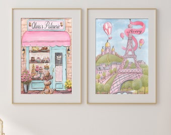 Personalized French Nursery Wall Art, Baby Room Decor, Eiffel Tower Print, Paris Patisserie, Travel Themed Gift, Girls Playroom, Set Of 2