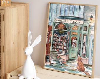 Gepersonaliseerde boekwinkelprint, idee voor peuterleeshoek, kinderboekenliefhebber poster, aangepaste kindernaam boekhandel muurkunst, groot 24 x 36