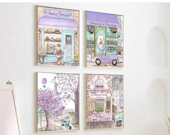 Personalized Purple Paris Prints, Lavender Aqua Girls Bedroom Wall Art, Set Of 4 Posters, French Nursery Decor, Parisian Themed Party Gift