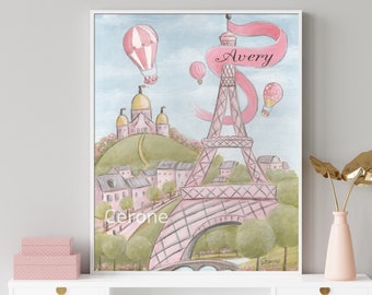May include: A watercolor painting of the Eiffel Tower in Paris, France. The tower is pink and white with a pink banner that says "Avery" above it. There are hot air balloons in the sky and a small village in the background.