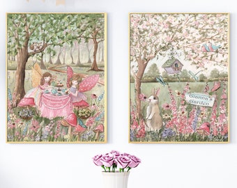 Fairy Wall Art Personalized, Set Of 2 Prints, Blush Pink Art, Girl Who Loves Fairies, Gift For Daughter, Tea Party Enchanted Forest, Garden