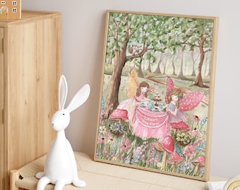 Fee Wand Kunst, Tee-Party-Druck, Tee für zwei Mädchen-Schlafzimmer-Dekor, verzauberter Wald Druck, Märchen-Geburtstags-Party Geschenk