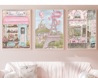 Paris Prints For Girls Room, Travel Theme Nursery Wall Art, Blush Bedroom Decor, Vintage French Baby, Set Of 3 Gallery Wall Pink Prints