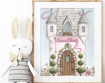 Lámina artística de castillo de princesa, arte de pared de cuento de hadas, acuarela de castillo adorable, arte de pared de princesa, decoración de jardín encantado, regalo de cumpleaños personalizado
