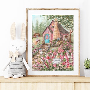 Fairy Garden House, Whimsical Nursery Decor, Enchanted Garden Girl Room Wall Decor, Cute Watercolor, Personalized Fairy Themed Birthday Gift