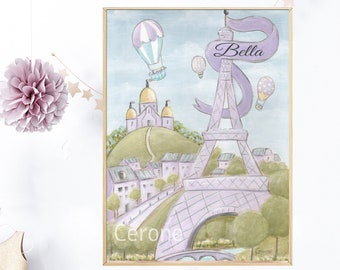 Purple Eiffel Tower Print, Personalized Nursery Art, Travel Wall Art, Vintage French Nursery Decor, Toddler Girl Bedroom, Little Girl Gift