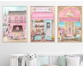 Cute Personalized Kids Wall Decor, Set Of 3 Bakery Prints For Girls Room, Toddler Girl Playroom Wall Art, Pastel Pink Play Kitchen Posters