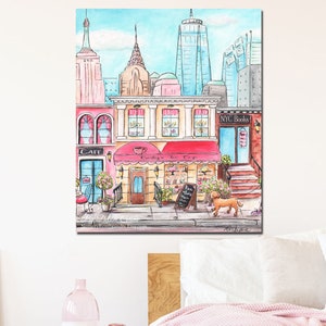 K&ouml;nnte beinhalten: Ein Aquarellbild, das eine Stra&szlig;enszene in der Stadt mit Geb&auml;uden, Gesch&auml;ften und einem Hund zeigt. Die Gesch&auml;fte sind ein Caf&eacute; und ein Teegesch&auml;ft. Das Teegesch&auml;ft hat eine rote Markise mit der Aufschrift "Bailey's Tea Cup". Der Hund ist braun und wei&szlig; und geht die Stra&szlig;e entlang. Die Geb&auml;ude sind in Rosa, Gelb und Blau gestrichen. Der Himmel ist blau mit wei&szlig;en Wolken.