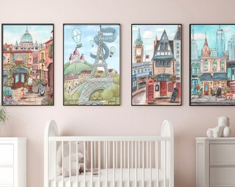 Nursery Travel Decor, Personalized Gift, Kids Wall Art For Playroom, Travel Print Set, Neutral Nursery, Paris, London, Rome, New York, Teal