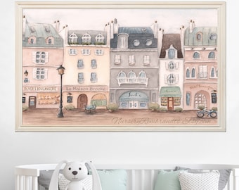 May include: A watercolour painting of a Parisian street scene with five shops. The shops are Oliver's Boulangerie, La Maison Brooke, Jack's, Anne's Tea Room, and Hotel Remington. The painting is in soft pastel colours and features a bicycle parked in front of the Hotel Remington.
