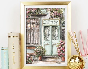 Personalized Vintage Paris cafe print, Shabby chic French bedroom wall art, Soft blush green pink Bistro poster for her custom name art gift