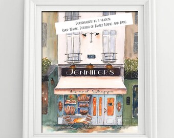 Baker Gift, Dark Blue Kitchen Decor, Bakery Watercolor, Personalized Kitchen Wall Art, Cute Kitchen Decor, Paris Kitchen, Storefront Sign