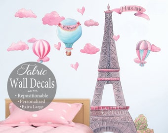 Personalized Eiffel Tower & Hot Air Balloon Decal Set, Girls Name Fabric Wall Decals Paris Wall Art, Pink Eiffel Tower Backdrop, Pink Clouds