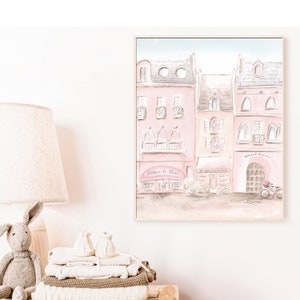 Elegante decorazione da parete per cameretta dei bambini a Parigi, dipinto ad acquerello personalizzato, stampa sofisticata per la cameretta delle bambine a tema viaggio in Francia, rosa pastello.