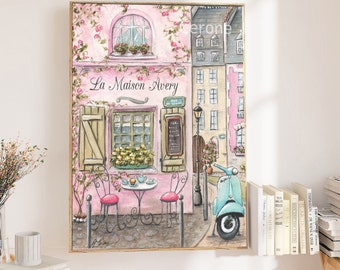 French Cafe Watercolor Personalized, Paris Bedroom Decor, Parisian Nursery Wall Art, Travel Theme Gift Girl, French Poster Girls Room Decor