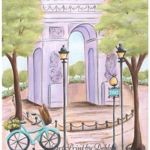 May include: A turquoise blue bicycle with a brown basket is parked in front of a purple archway with a yellow taxi sign. The scene is painted in a whimsical style with green trees and lampposts.