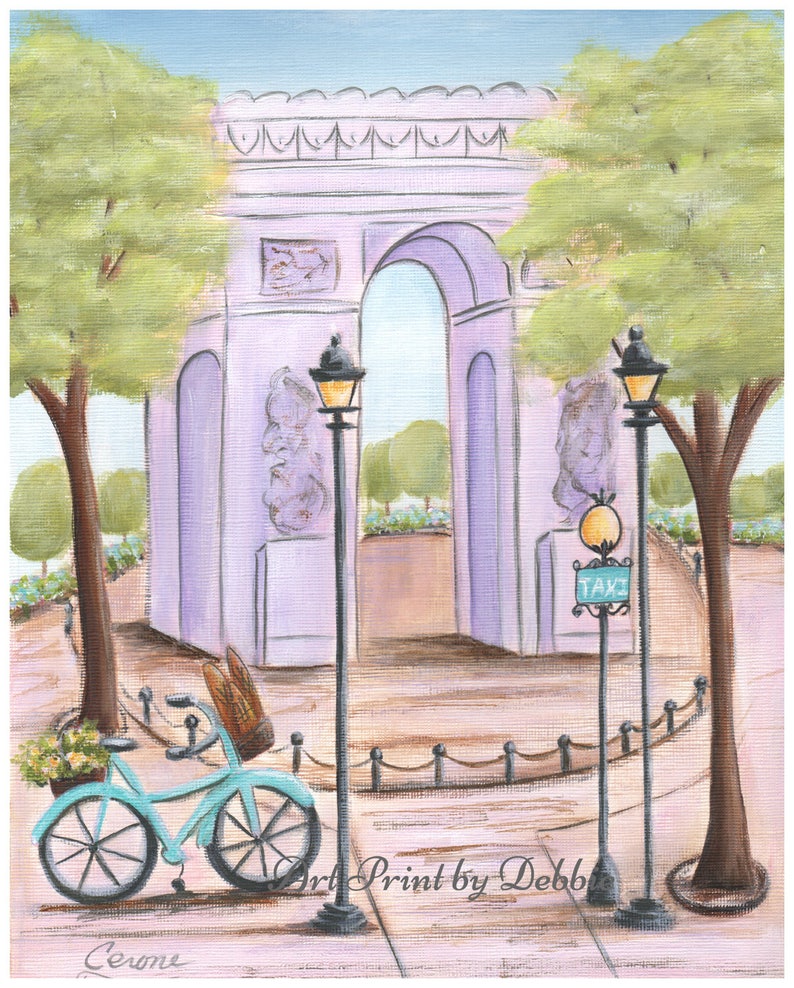 May include: A turquoise blue bicycle with a brown basket is parked in front of a purple archway with a yellow taxi sign. The scene is painted in a whimsical style with green trees and lampposts.