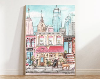New York Print, For Girls Travel Theme Bedroom, New York Poster Blush Pink, Personalized Girls Name NYC Nursery Print, 6 Sizes Poster