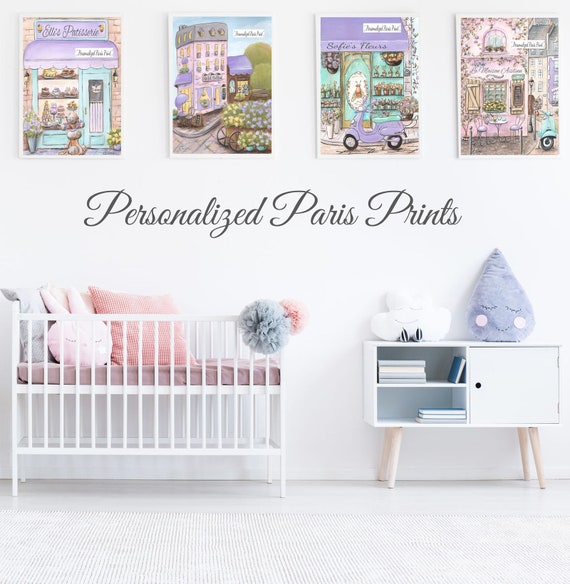 Personalized Girls Paris Bedroom Decor Custom Name Baby Shower Gift Teal Purple Set Of 4 Prints Patisserie Cafe 6 Sizes 5x7 To 24x36