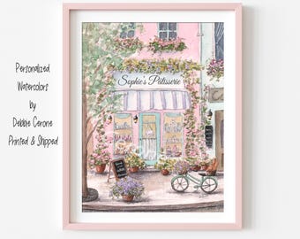 Personalized Paris Patisserie Watercolor Print, French Baby Girls Room Decor, Parisian Bakery, Pastel Nursery Wall Art, Travel Theme Poster