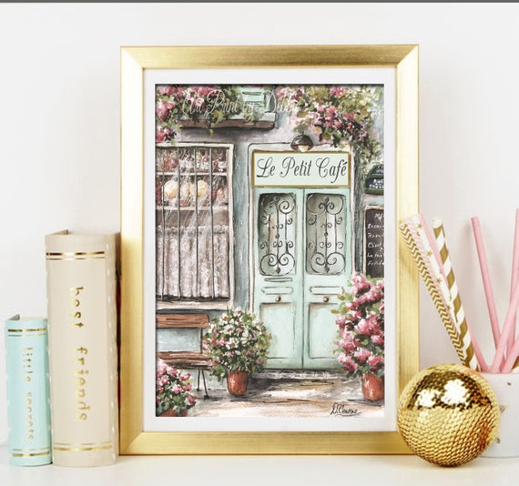 Personalized Vintage Paris Cafe Print, Shabby Chic French Bedroom Wall Art,  Soft Blush Green Pink Bistro Poster for Her Custom Name Art Gift 