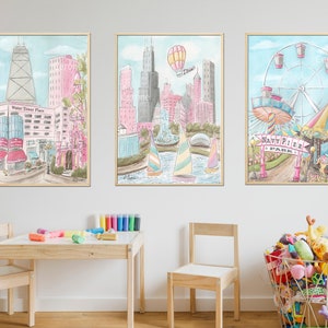 Arte personalizzata di Chicago, stampe per bambini con tema Chicago, stampe di viaggio per la stanza delle bambine, arte murale per la sala giochi, torre dell'acqua, Navy Pier