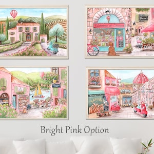 K&ouml;nnte beinhalten: Ein Set aus vier Aquarellbildern mit italienisch inspirierten Stadtszenen, rosa Geb&auml;uden, einem blauen Roller, einer Gelateria, einem Segelboot auf dem Wasser, einer B&auml;ckerei und einer Domkathedrale. Der Text Bright Pink Option steht unter den Bildern.
