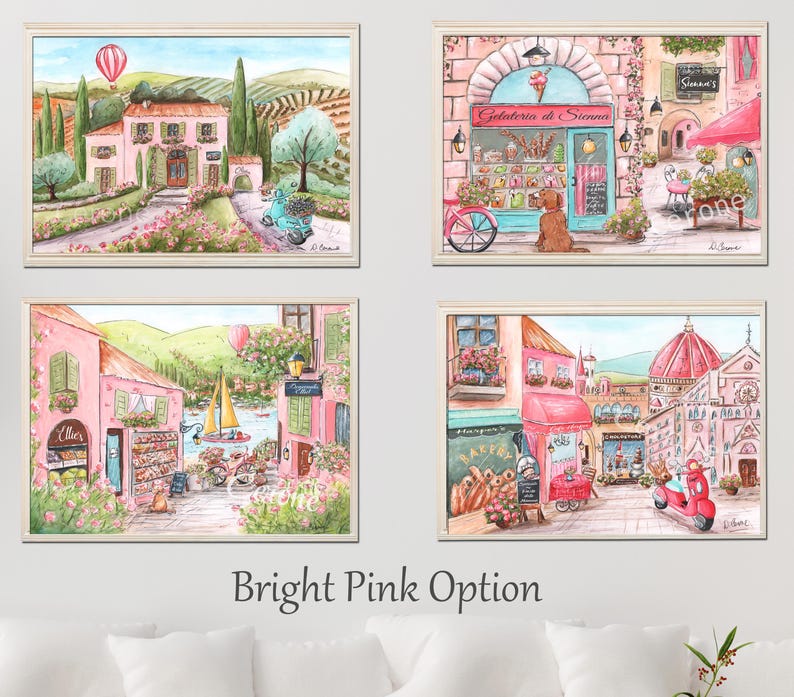 K&ouml;nnte beinhalten: Ein Set aus vier Aquarellbildern mit italienisch inspirierten Stadtszenen, rosa Geb&auml;uden, einem blauen Roller, einer Gelateria, einem Segelboot auf dem Wasser, einer B&auml;ckerei und einer Domkathedrale. Der Text Bright Pink Option steht unter den Bildern.