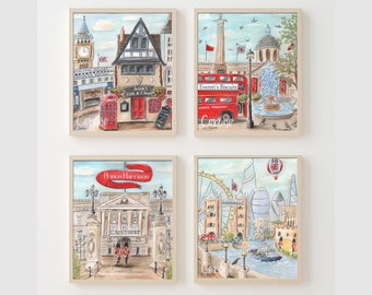Gepersonaliseerde kinderkamerdecoratie Londen, Paddington Station-kunstwerk, kinderposters Londen, babyshower cadeau reisthema, rode dubbeldekkerbus
