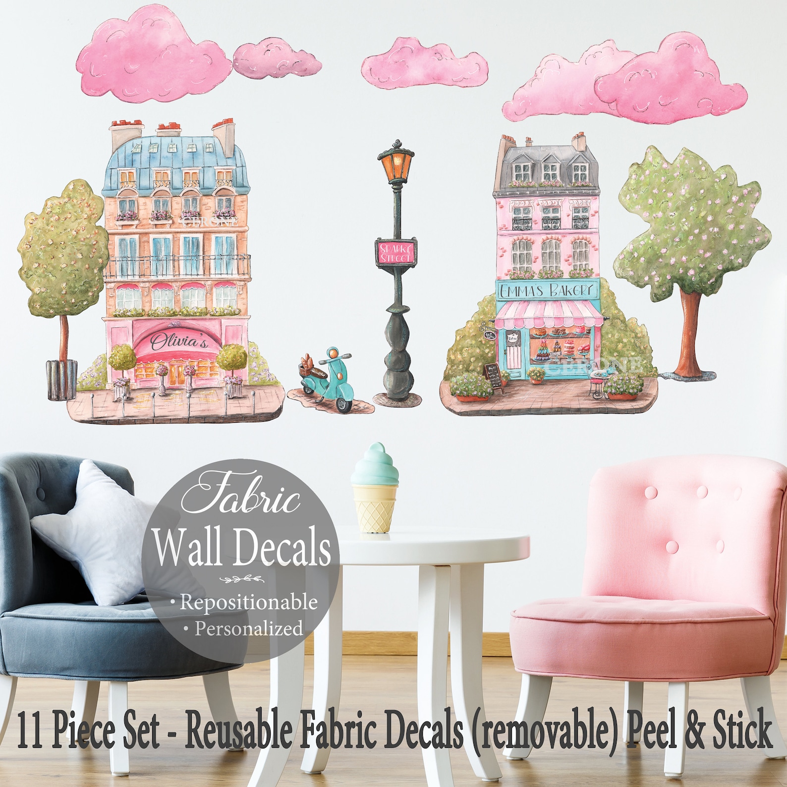 Custom Girls Name Wall Decals, Fabric Wall Decals Main Street City ...