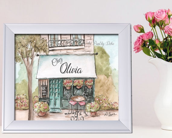 Paris Cafe Wall Art Teal And Blush Pink Paris Print French Cafe Wall Art Cute Paris Watercolor Girls Name Paris Wall Art French Themed Room