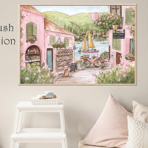 Pode incluir: Uma pintura em aquarela de um edif&iacute;cio rosa com uma placa que diz "La Casa di Olivia". O edif&iacute;cio &eacute; cercado por flores e vegeta&ccedil;&atilde;o. H&aacute; um veleiro na &aacute;gua ao fundo.